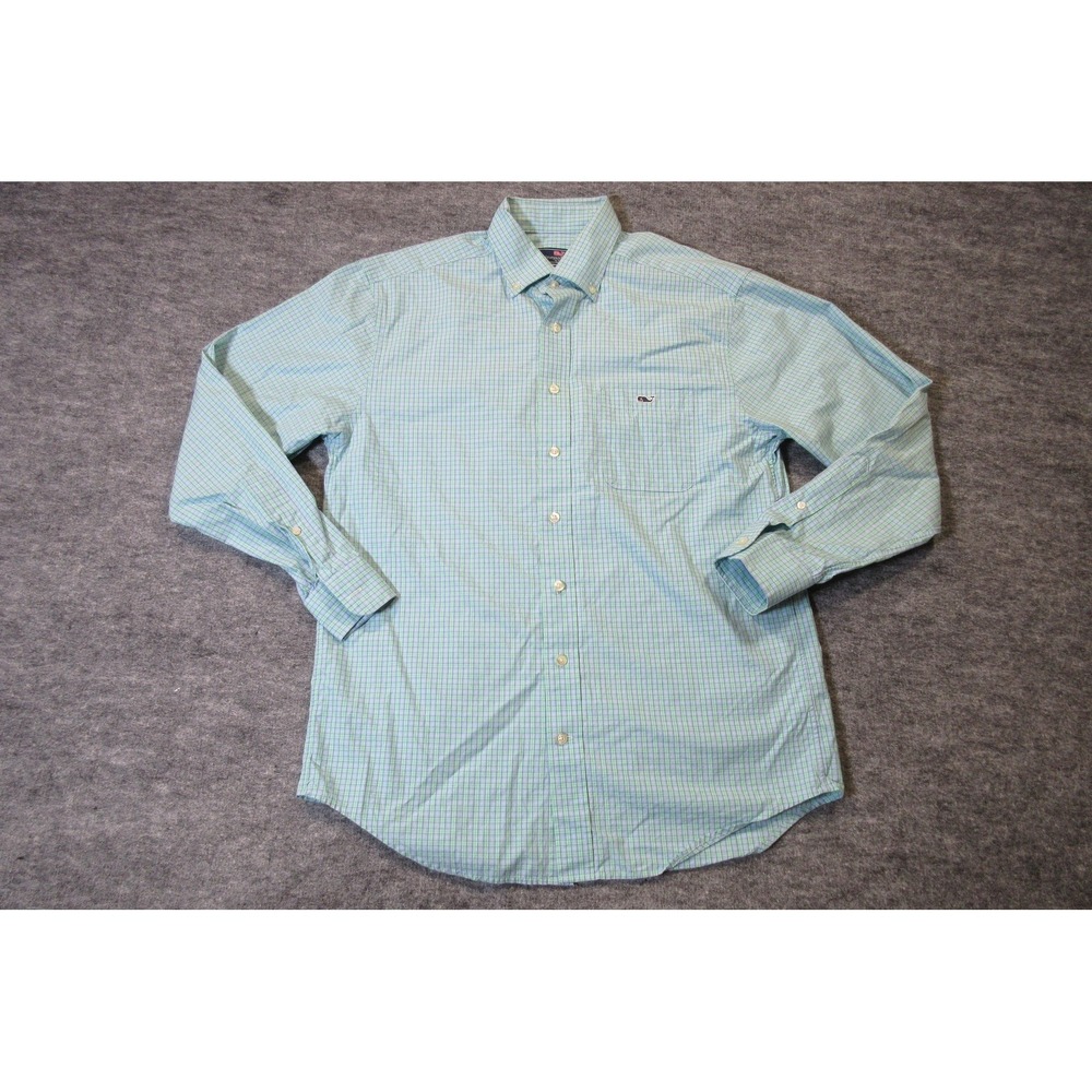 Vineyard Vines Shirt Mens Medium Green Blue Classic Fit Tucker Plaid‎ Cotton